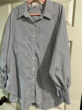 ASVIVID Blue and White Striped Button-Up Top